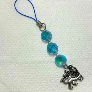 Blue Glass Beads and Lion Silver Charm Keychain Bag Charm Cell Phone Charm